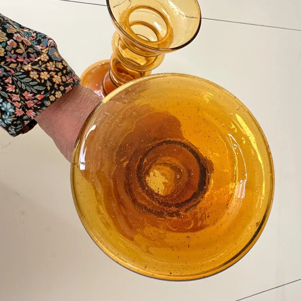 Two Amber Glass Candle Holders for Pillar Candles Handblown Vintage